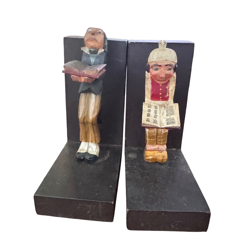 Vintage Hand Carved‎ Wood Bookends Black Forest Style Scholar Folk Art German